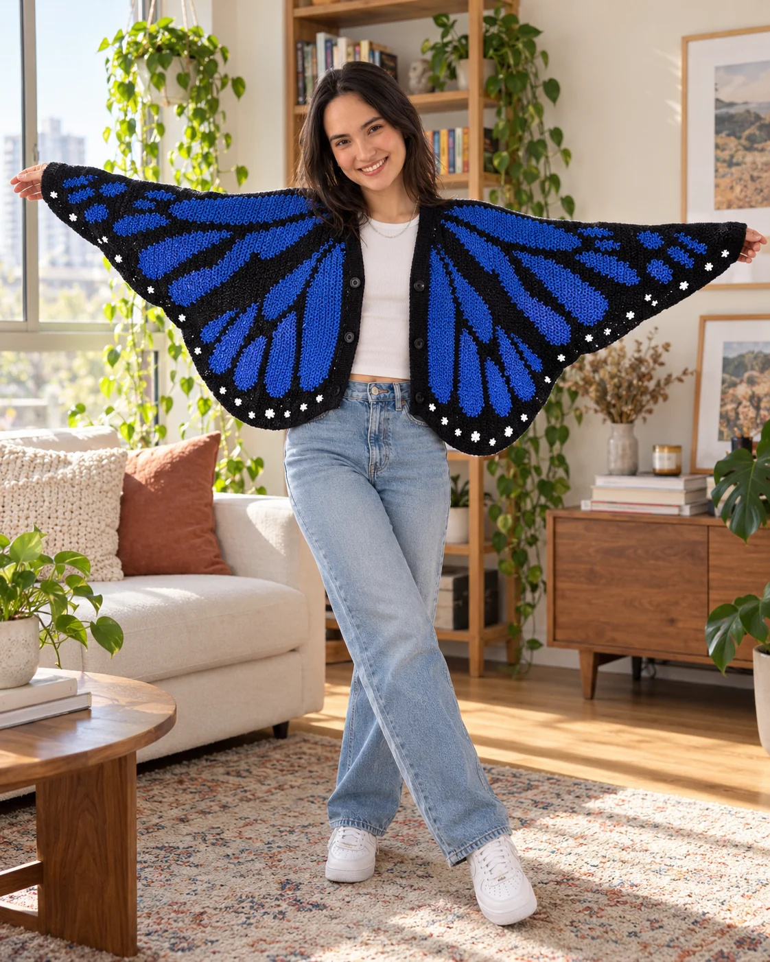 Modelo com cardigan borboleta azul e preto