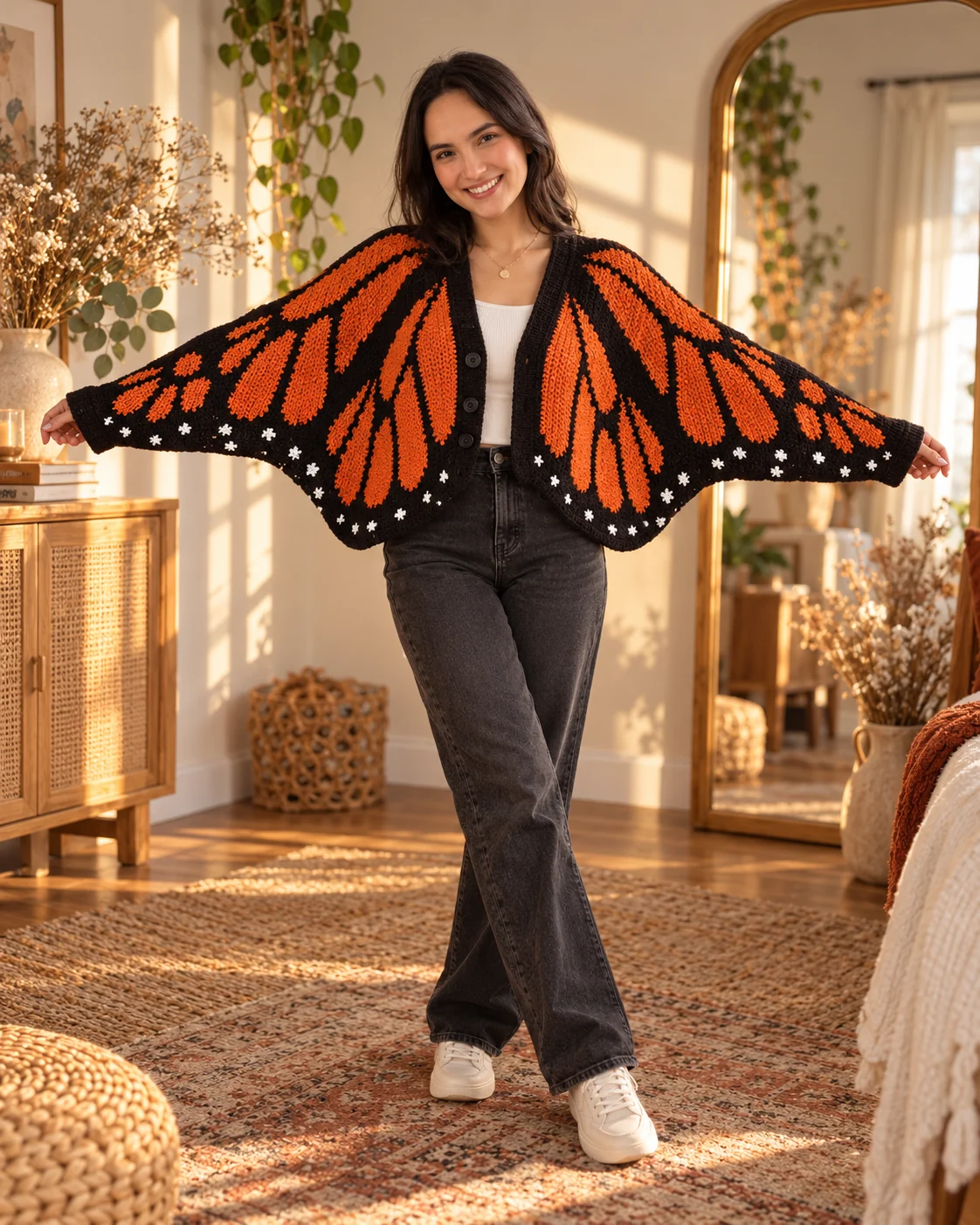 Modelo usando cardigan borboleta laranja e preto em uma sala iluminada