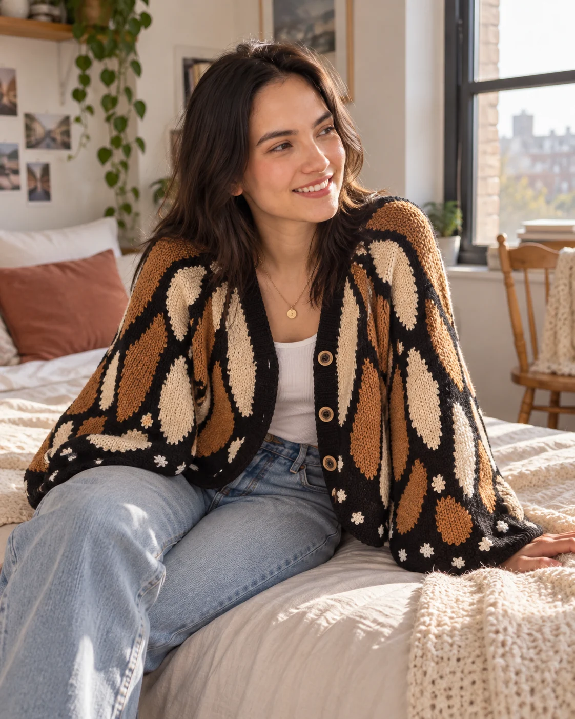 Modelo sentada em um quarto ensolarado usando cardigan artesanal